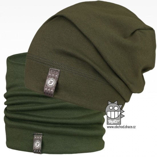 Dráče - Set spadlé bavlněné čepice a nákrčníku Alan - vzor 12 - khaki zelená